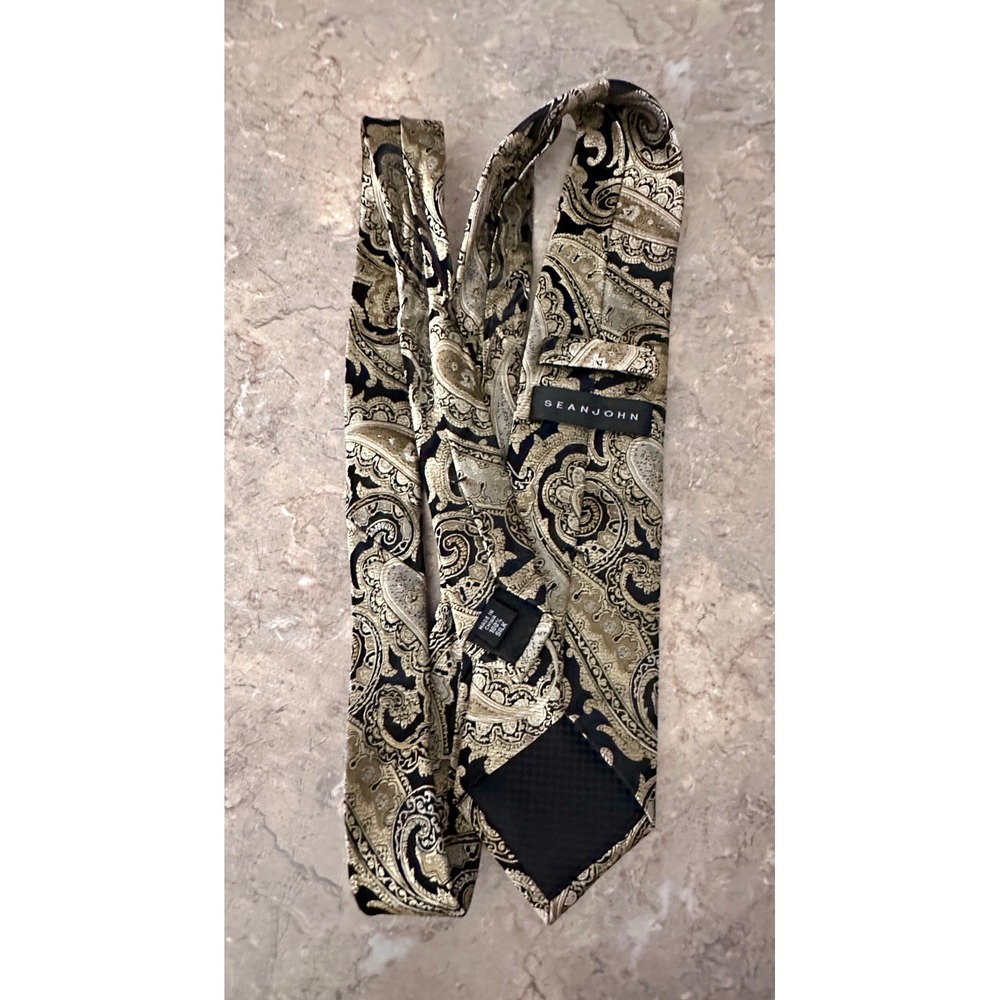Sean John Mens Silk Tie Gold Black Paisley Jacquard Formal Wedding Necktie - Picture 4 of 6